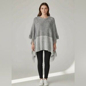 Raj Gray Women's Poncho with Fringe